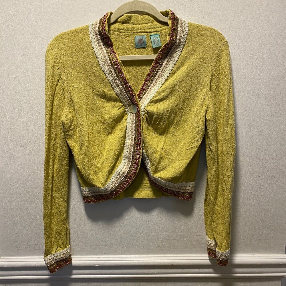 Anthropologie HWR Silk Linen Blend Boho Y2K Cropped Cardigan Sweater Jacket L - Picture 2 of 8